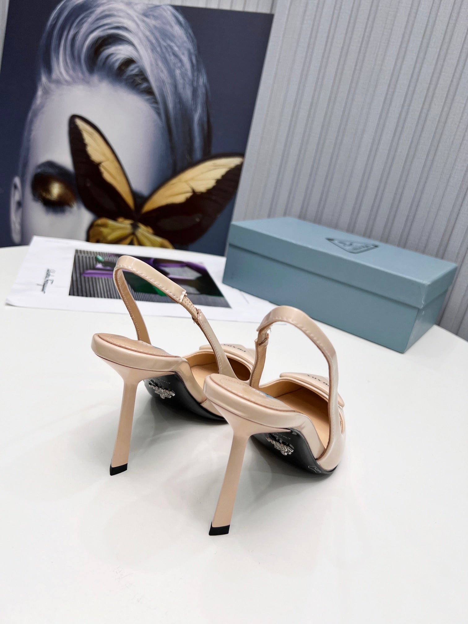 PRADA 26S SLINGBACK PUMPS STILETTO HEEL 95MM IN NUDE BEIGE CALFSKIN LOGO