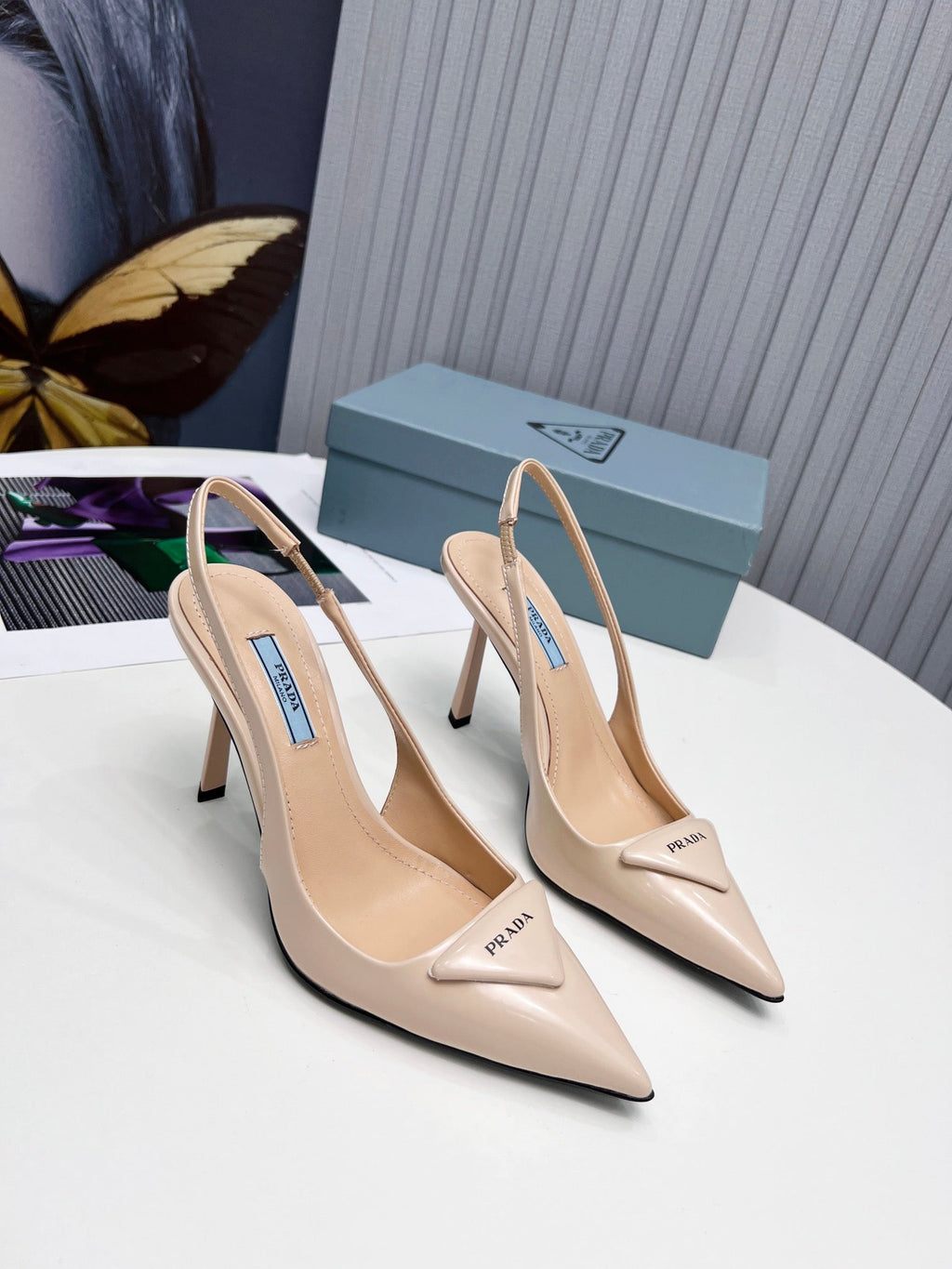 PRADA 26S SLINGBACK PUMPS STILETTO HEEL 95MM IN NUDE BEIGE CALFSKIN LOGO