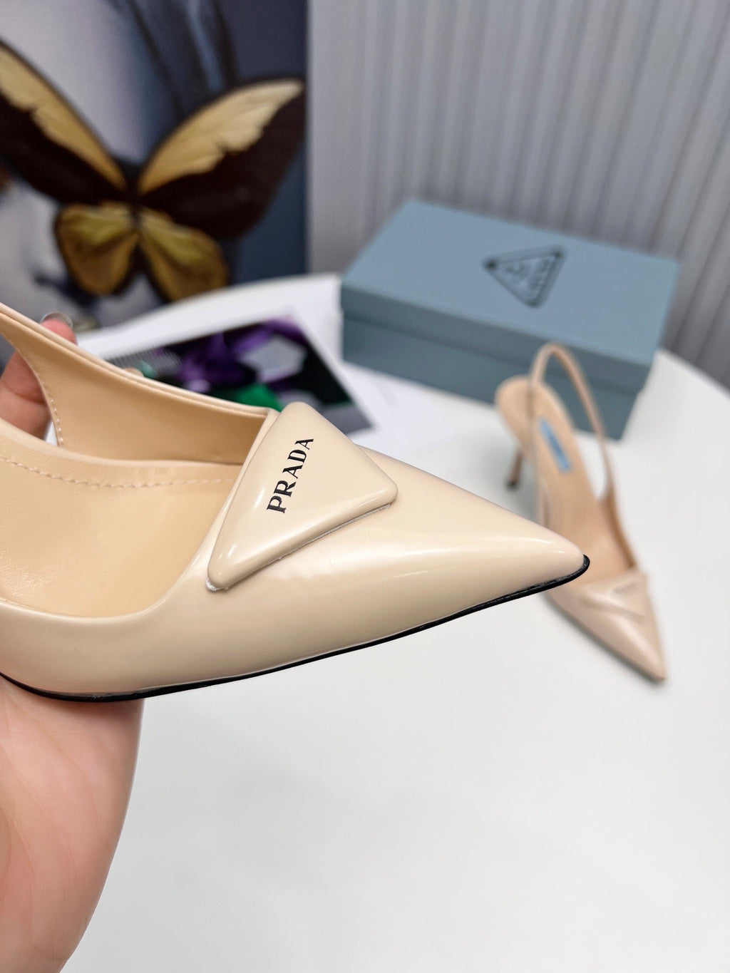 PRADA 26S SLINGBACK PUMPS STILETTO HEEL 95MM IN NUDE BEIGE CALFSKIN LOGO