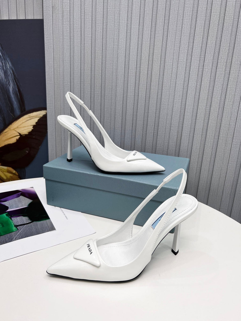 PRADA 26S SLINGBACK PUMPS STILETTO HEEL 95MM IN WHITE PATENT CALFSKIN LOGO
