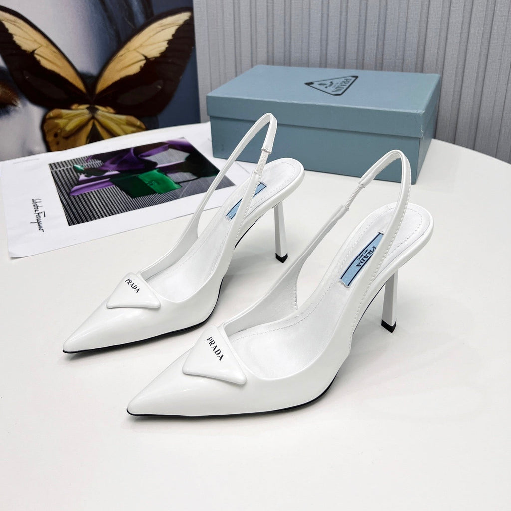 PRADA 26S SLINGBACK PUMPS STILETTO HEEL 95MM IN WHITE PATENT CALFSKIN LOGO