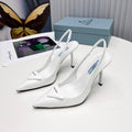PRADA 26S SLINGBACK PUMPS STILETTO HEEL 95MM IN WHITE PATENT CALFSKIN LOGO