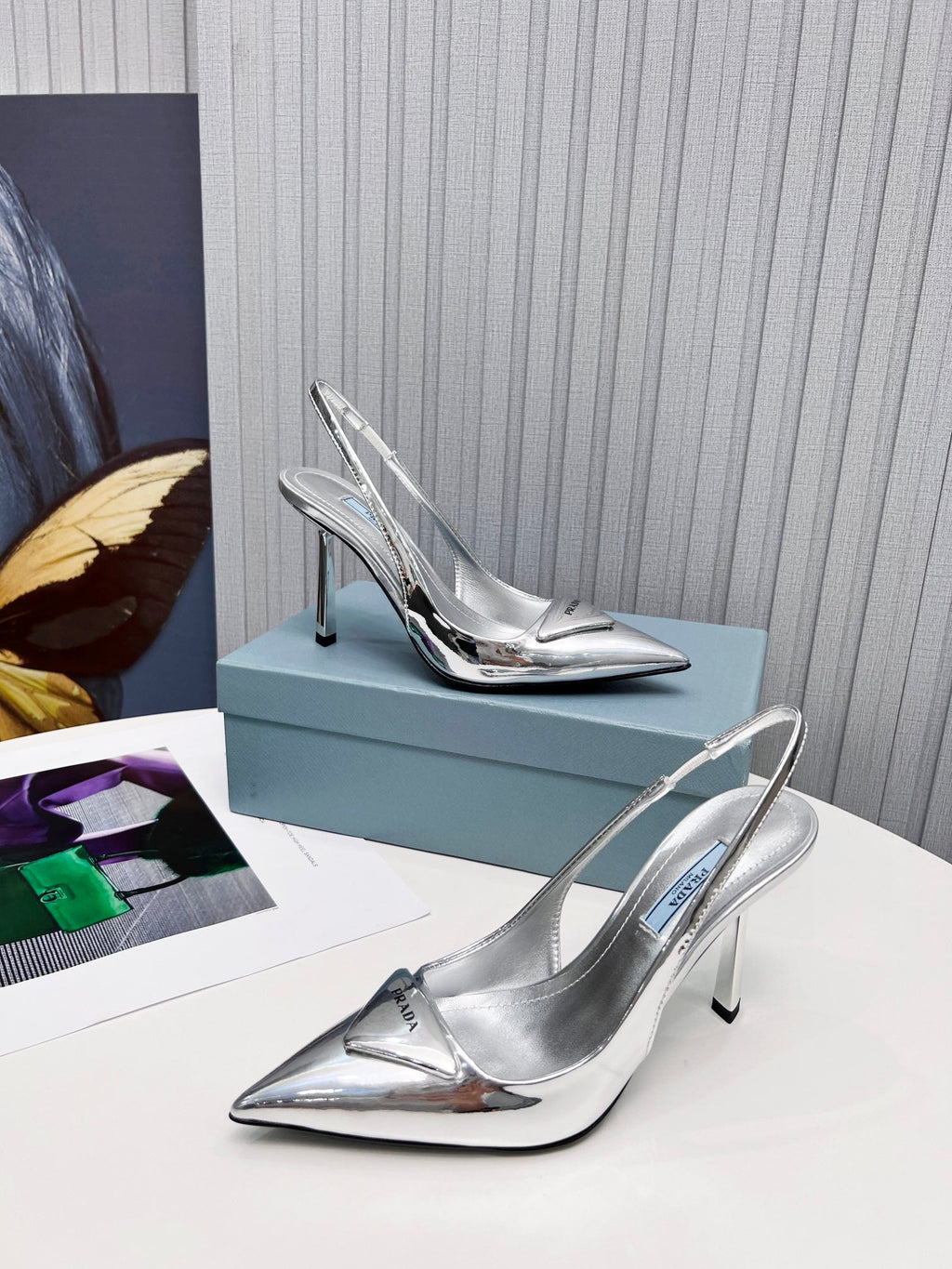 PRADA 26S SLINGBACK PUMPS STILETTO HEEL 95MM IN SILVER PATENT CALFSKIN LOGO