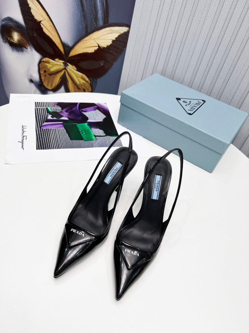PRADA 26S SLINGBACK PUMPS STILETTO HEEL 95MM IN BLACK PATENT CALFSKIN LOGO