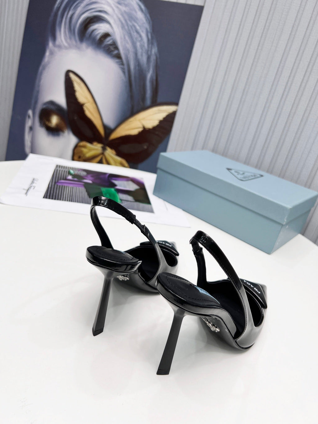 PRADA 26S SLINGBACK PUMPS STILETTO HEEL 95MM IN BLACK PATENT CALFSKIN LOGO