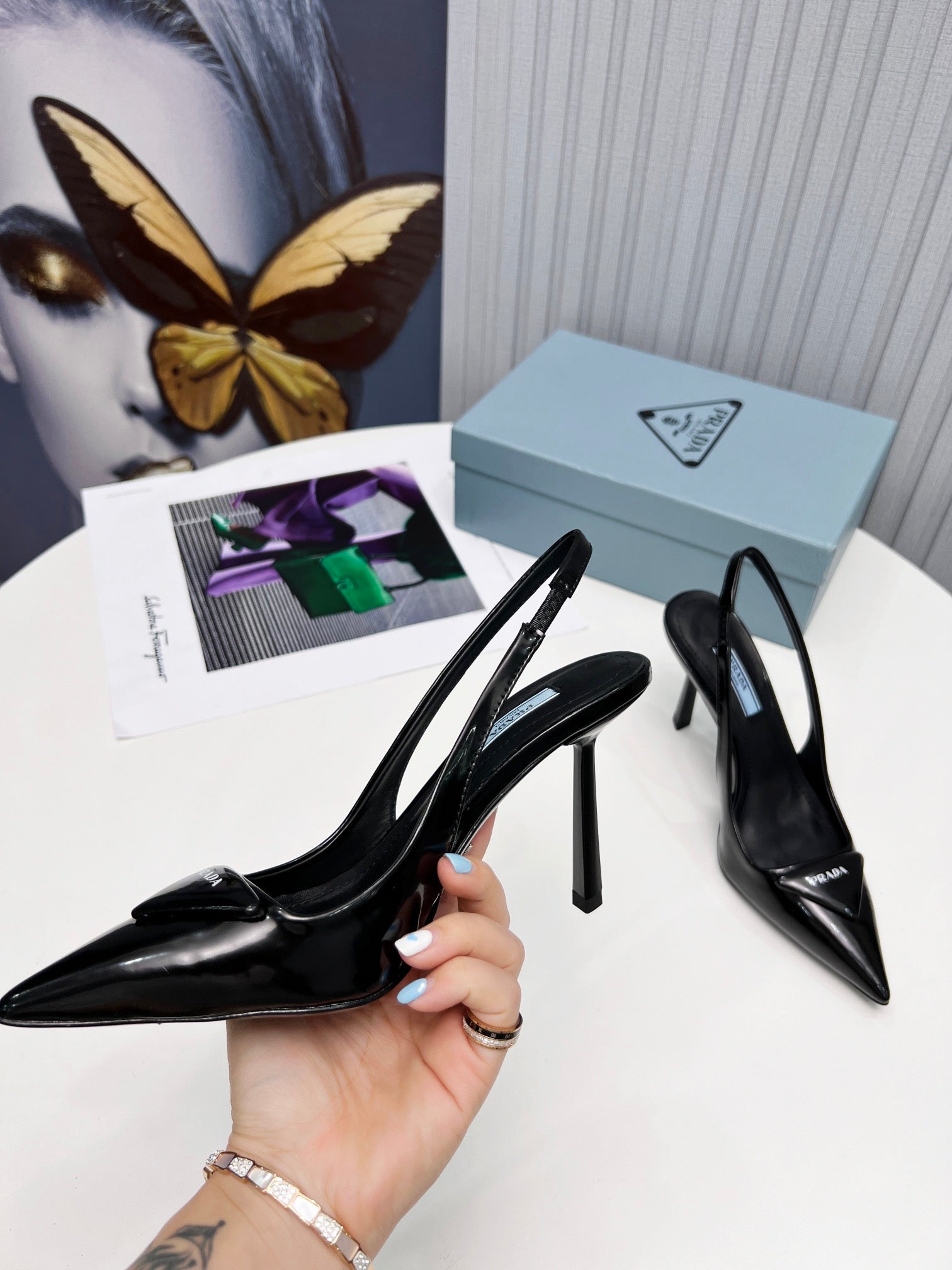PRADA 26S SLINGBACK PUMPS STILETTO HEEL 95MM IN BLACK PATENT CALFSKIN LOGO