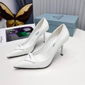 PRADA 26S POINTED TOE PUMPS STILETTO HEEL 95MM IN WHITE PATENT CALFSKIN LOGO