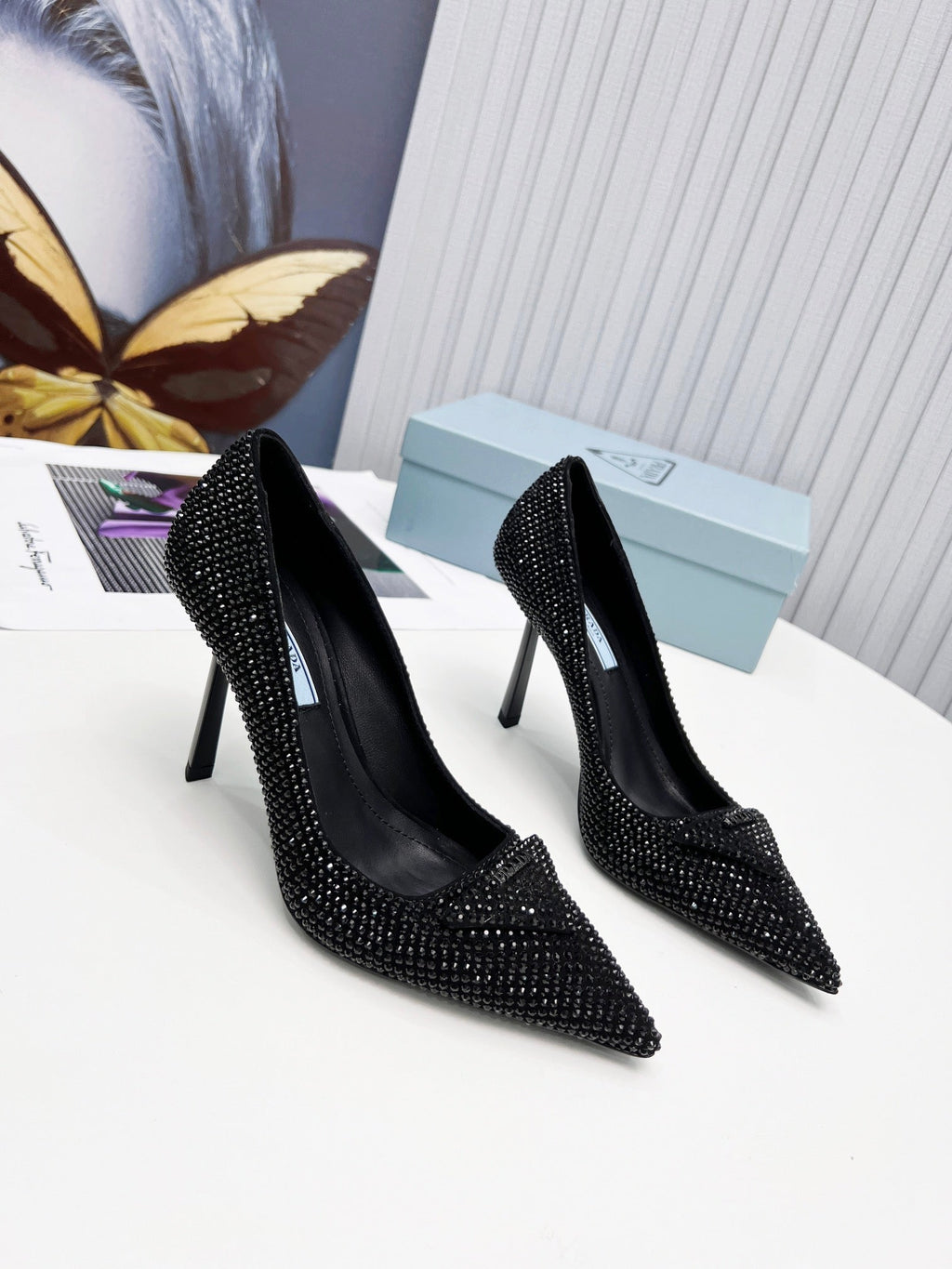 PRADA 26S POINTED TOE PUMPS STILETTO HEEL 95MM IN CRYSTAL EMBELLISHED STYLE 2