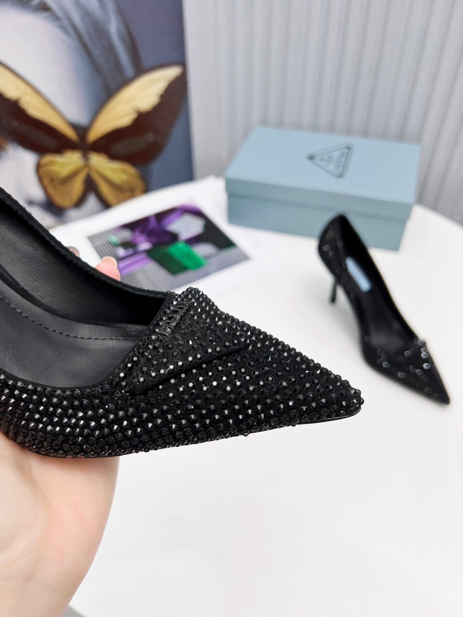 PRADA 26S POINTED TOE PUMPS STILETTO HEEL 95MM IN CRYSTAL EMBELLISHED STYLE 2