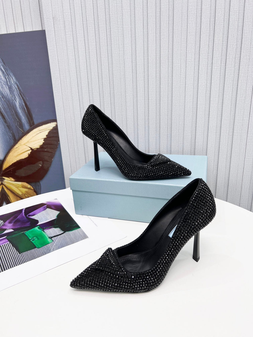 PRADA 26S POINTED TOE PUMPS STILETTO HEEL 95MM IN CRYSTAL EMBELLISHED STYLE 2