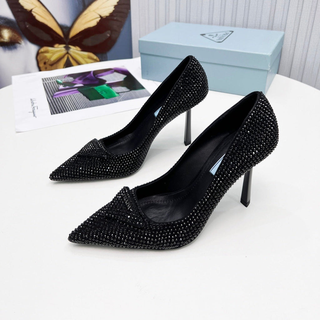 PRADA 26S POINTED TOE PUMPS STILETTO HEEL 95MM IN CRYSTAL EMBELLISHED STYLE 2