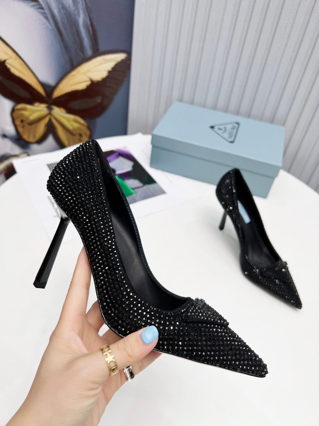 PRADA 26S POINTED TOE PUMPS STILETTO HEEL 95MM IN CRYSTAL EMBELLISHED STYLE 2