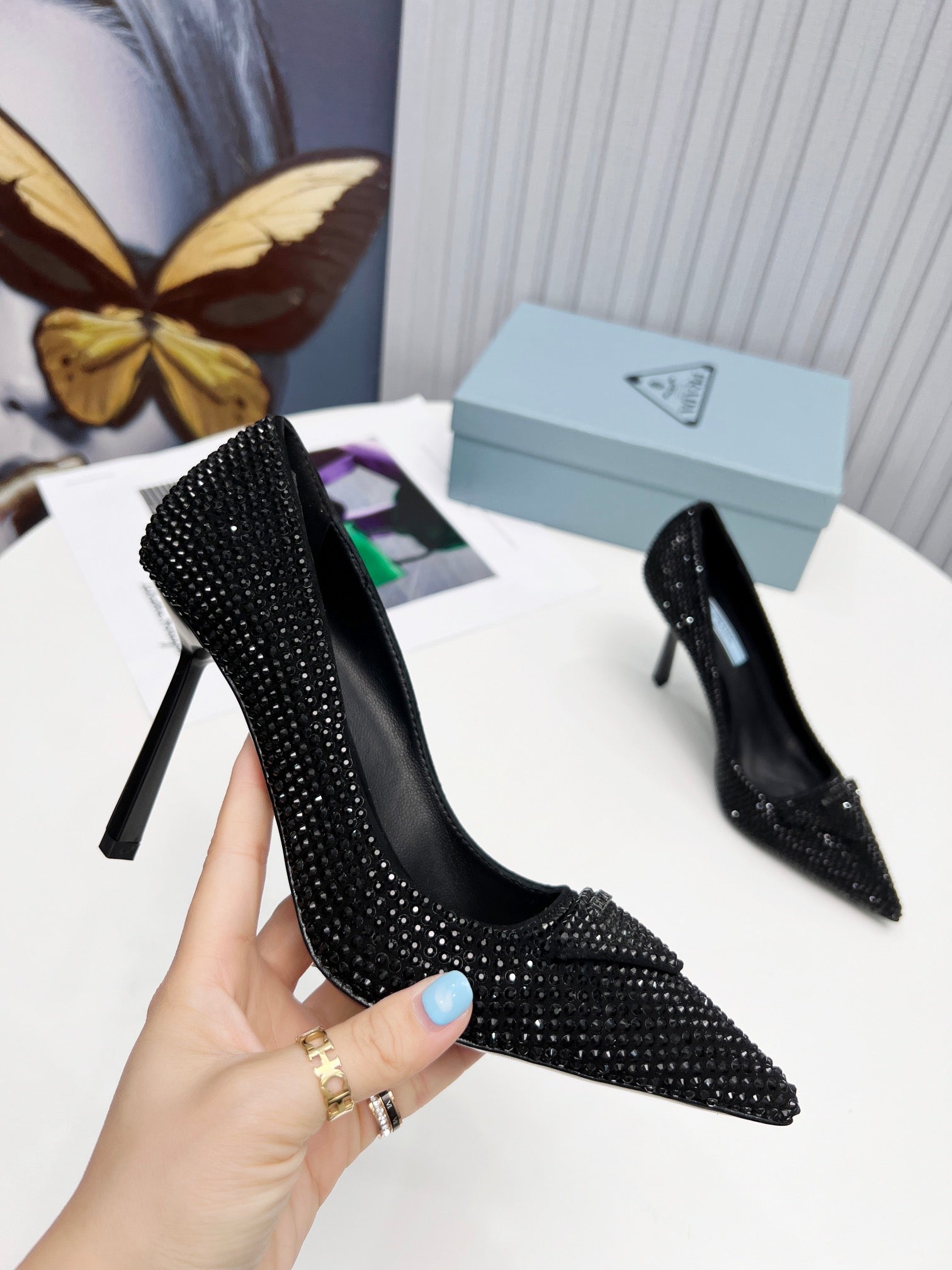 PRADA 26S POINTED TOE PUMPS STILETTO HEEL 95MM IN CRYSTAL EMBELLISHED STYLE 2