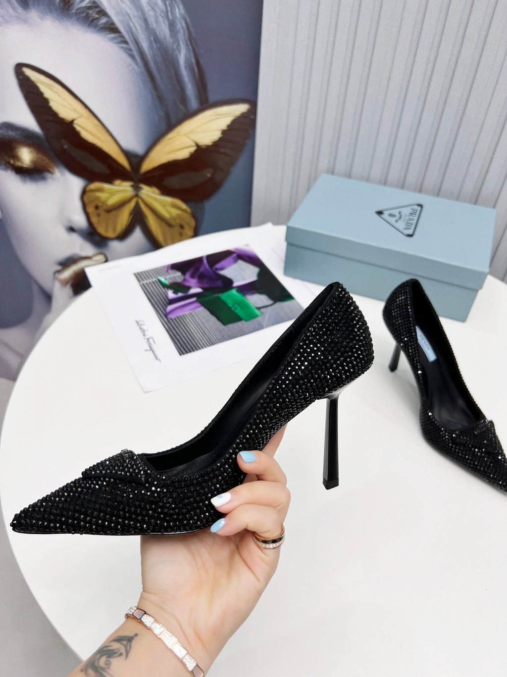 PRADA 26S POINTED TOE PUMPS STILETTO HEEL 95MM IN CRYSTAL EMBELLISHED STYLE 2