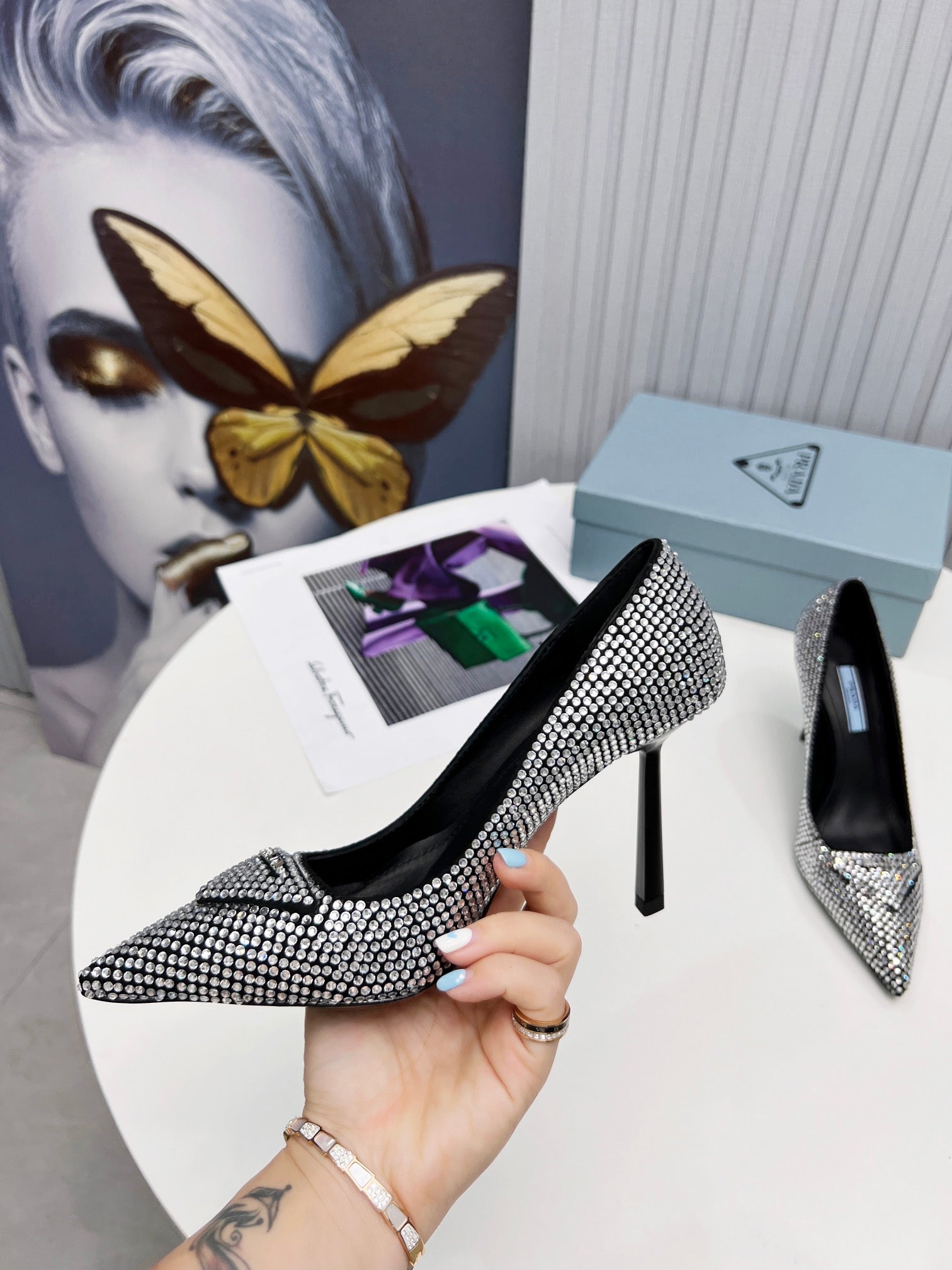 PRADA 26S POINTED TOE PUMPS STILETTO HEEL 95MM IN CRYSTAL EMBELLISHED STYLE 1
