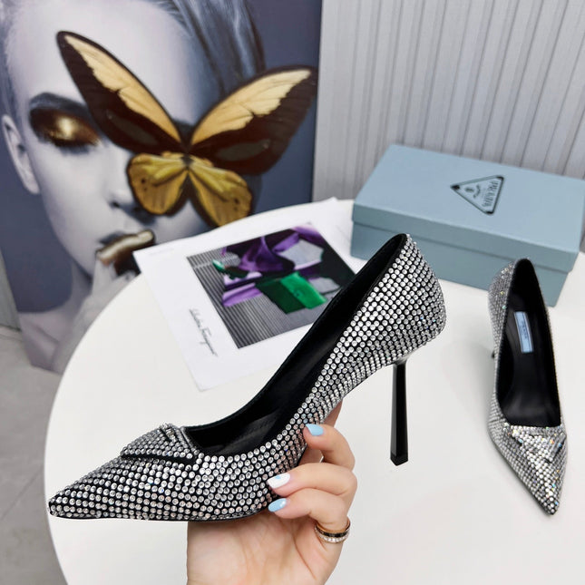 PRADA 26S POINTED TOE PUMPS STILETTO HEEL 95MM IN CRYSTAL EMBELLISHED STYLE 1