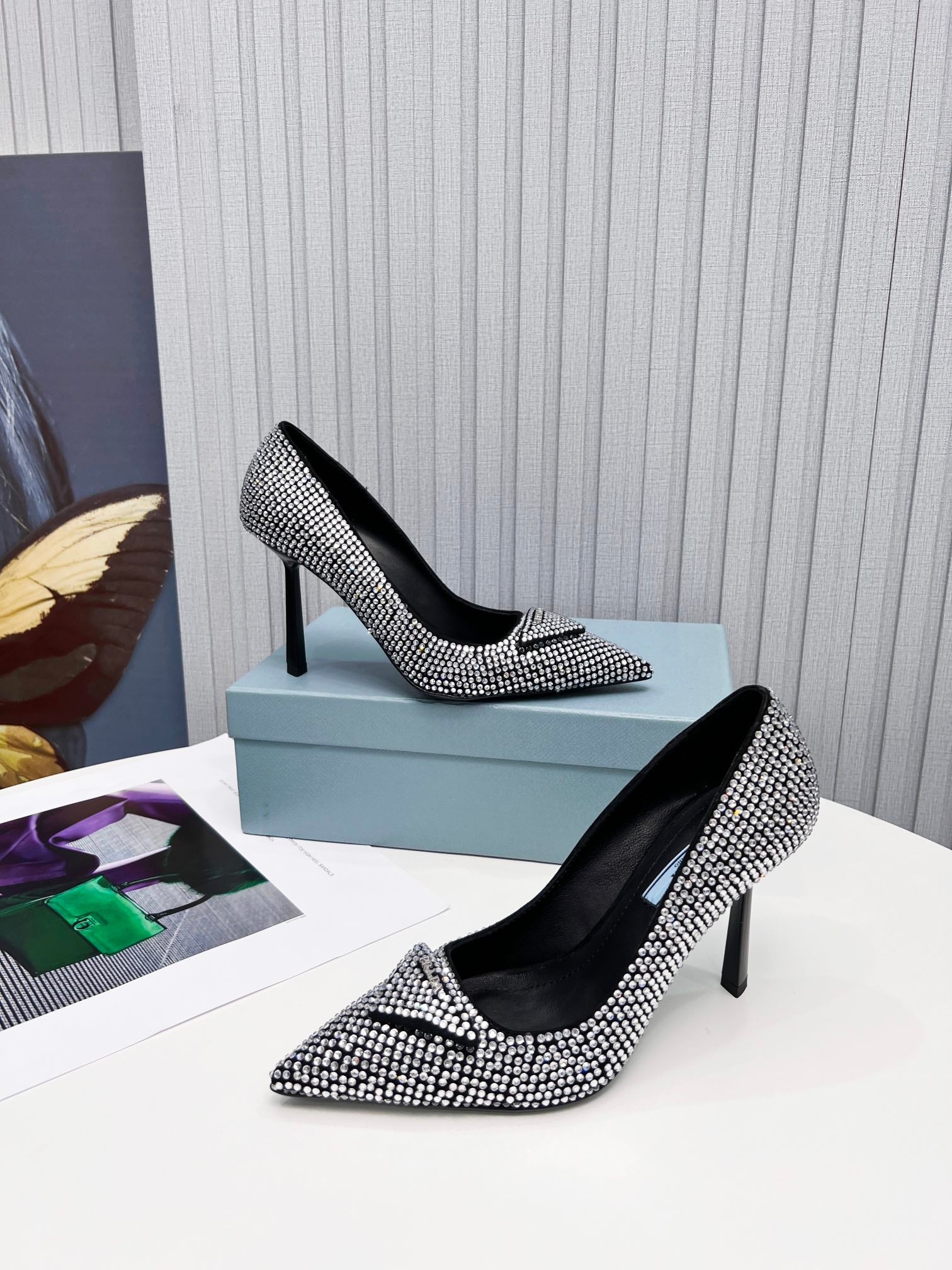 PRADA 26S POINTED TOE PUMPS STILETTO HEEL 95MM IN CRYSTAL EMBELLISHED STYLE 1