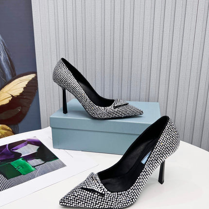 PRADA 26S POINTED TOE PUMPS STILETTO HEEL 95MM IN CRYSTAL EMBELLISHED STYLE 1