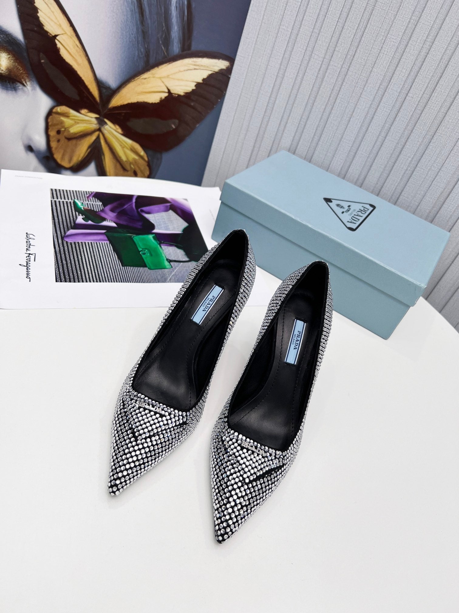 PRADA 26S POINTED TOE PUMPS STILETTO HEEL 95MM IN CRYSTAL EMBELLISHED STYLE 1