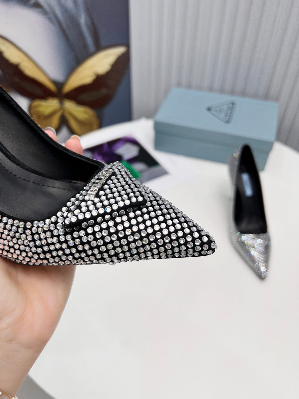 PRADA 26S POINTED TOE PUMPS STILETTO HEEL 95MM IN CRYSTAL EMBELLISHED STYLE 1