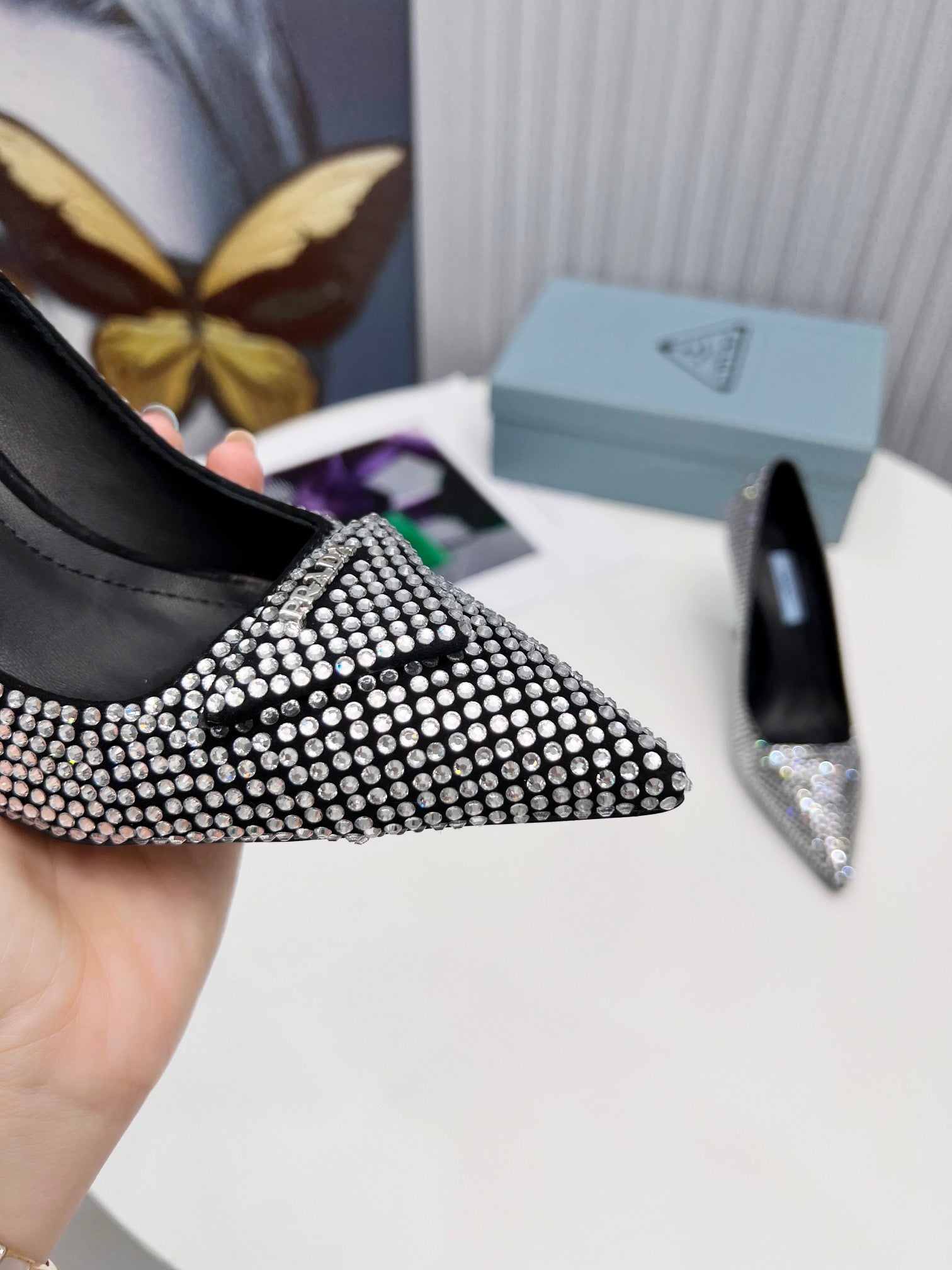 PRADA 26S POINTED TOE PUMPS STILETTO HEEL 95MM IN CRYSTAL EMBELLISHED STYLE 1