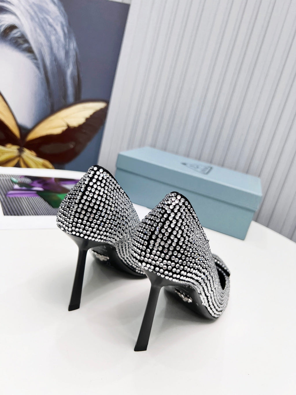 PRADA 26S POINTED TOE PUMPS STILETTO HEEL 95MM IN CRYSTAL EMBELLISHED STYLE 1
