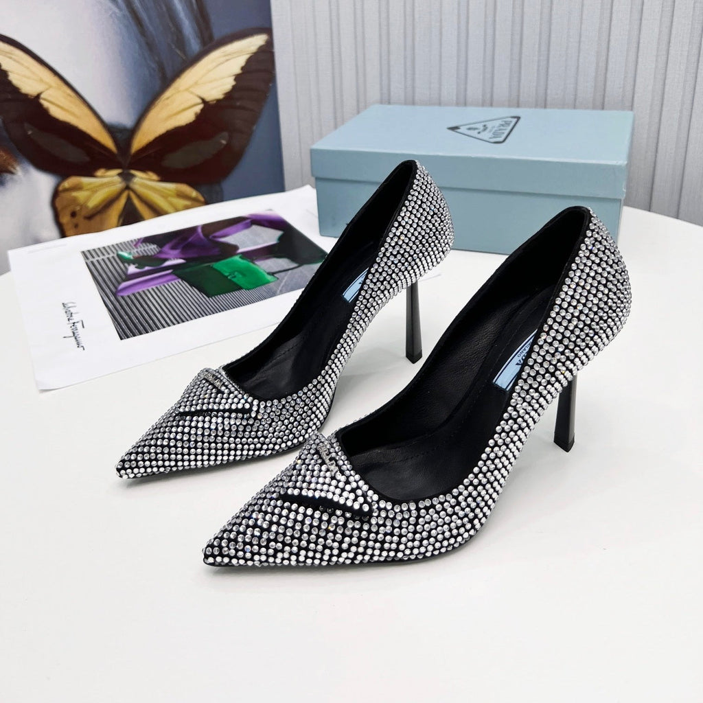 PRADA 26S POINTED TOE PUMPS STILETTO HEEL 95MM IN CRYSTAL EMBELLISHED STYLE 1