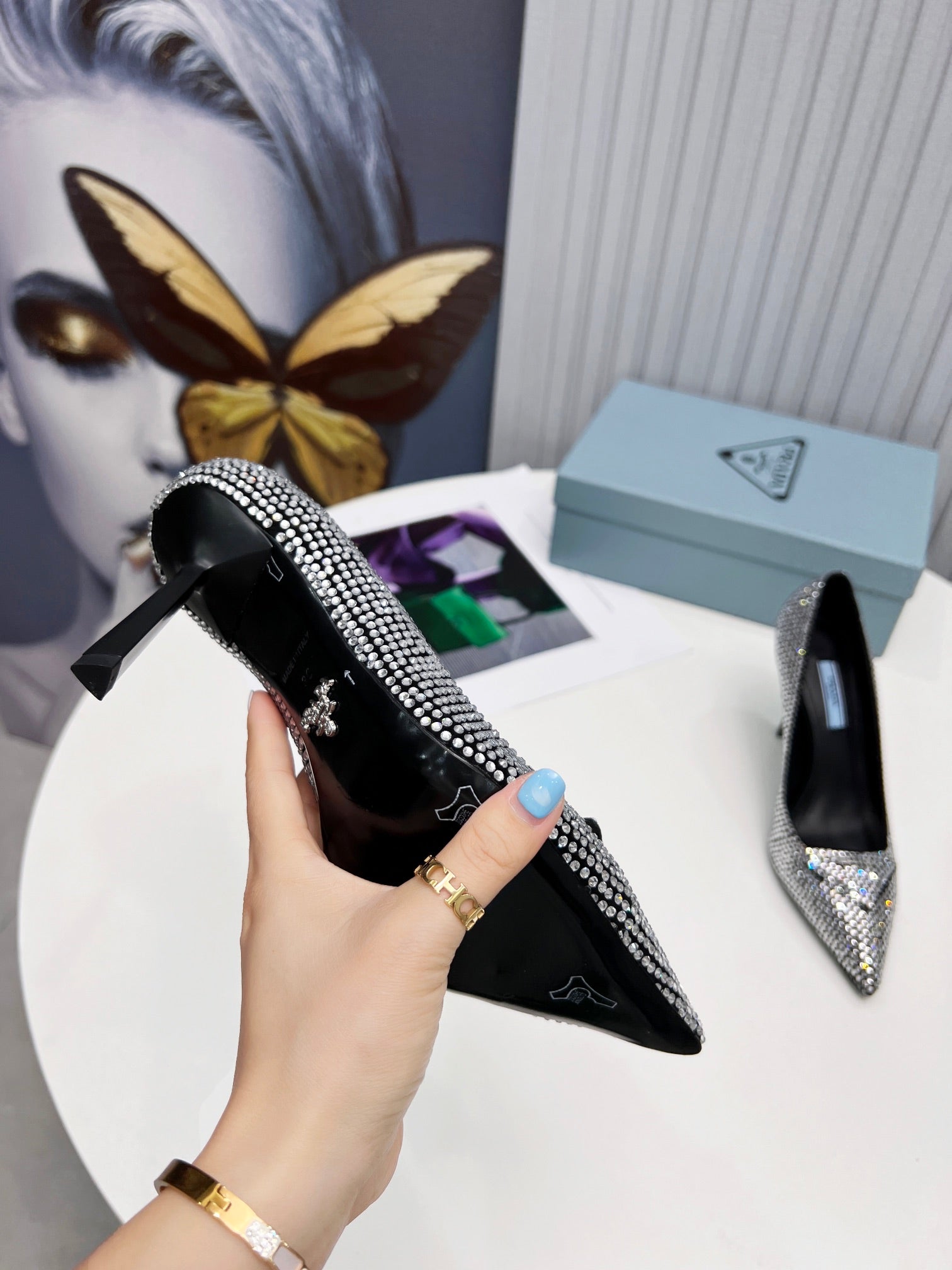 PRADA 26S POINTED TOE PUMPS STILETTO HEEL 95MM IN CRYSTAL EMBELLISHED STYLE 1