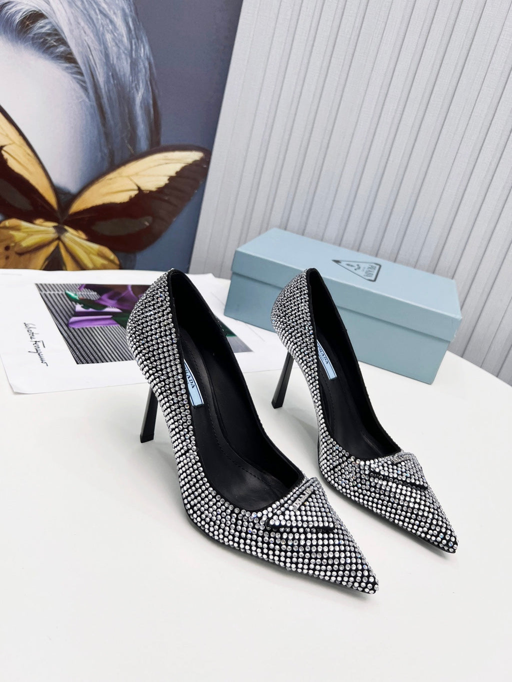 PRADA 26S POINTED TOE PUMPS STILETTO HEEL 95MM IN CRYSTAL EMBELLISHED STYLE 1