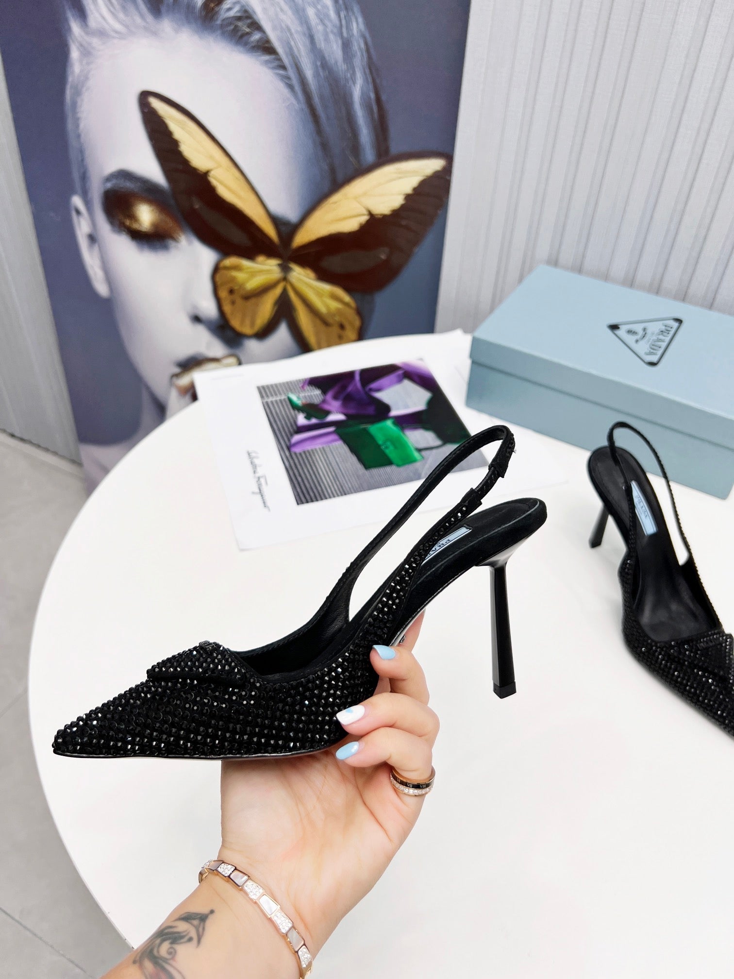 PRADA 26S SLINGBACK PUMPS STILETTO HEEL 95MM IN CRYSTAL EMBELLISHED STYLE 2
