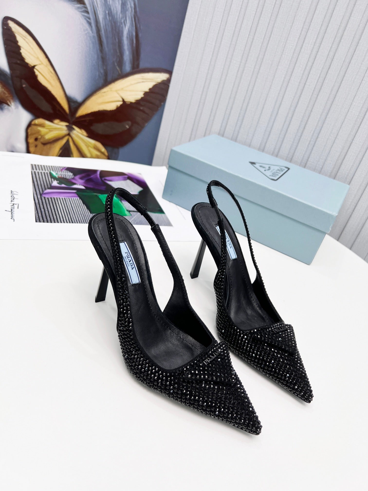 PRADA 26S SLINGBACK PUMPS STILETTO HEEL 95MM IN CRYSTAL EMBELLISHED STYLE 2