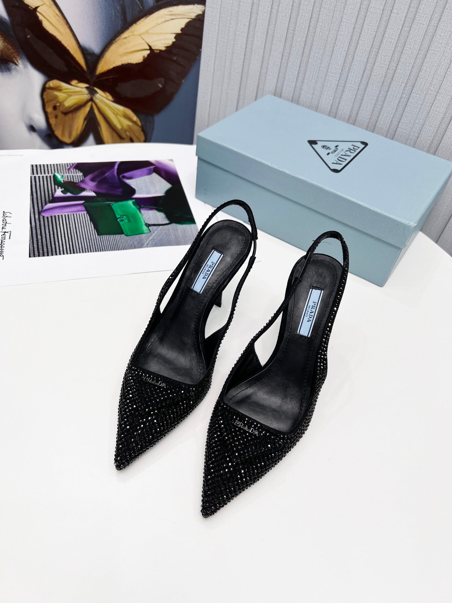 PRADA 26S SLINGBACK PUMPS STILETTO HEEL 95MM IN CRYSTAL EMBELLISHED STYLE 2