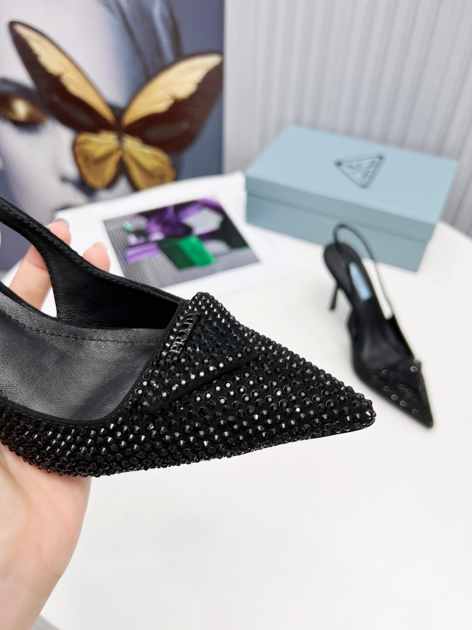 PRADA 26S SLINGBACK PUMPS STILETTO HEEL 95MM IN CRYSTAL EMBELLISHED STYLE 2