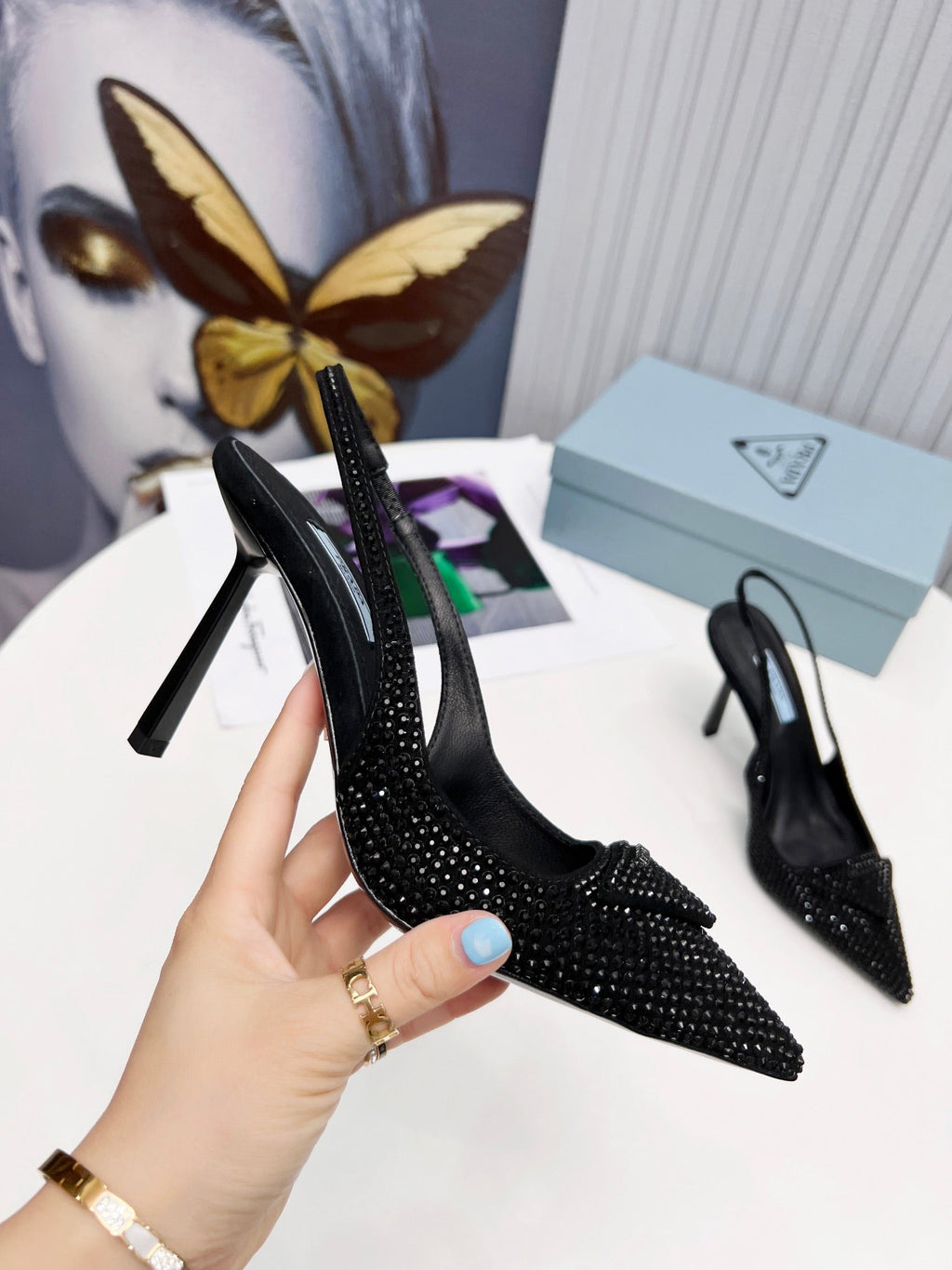 PRADA 26S SLINGBACK PUMPS STILETTO HEEL 95MM IN CRYSTAL EMBELLISHED STYLE 2