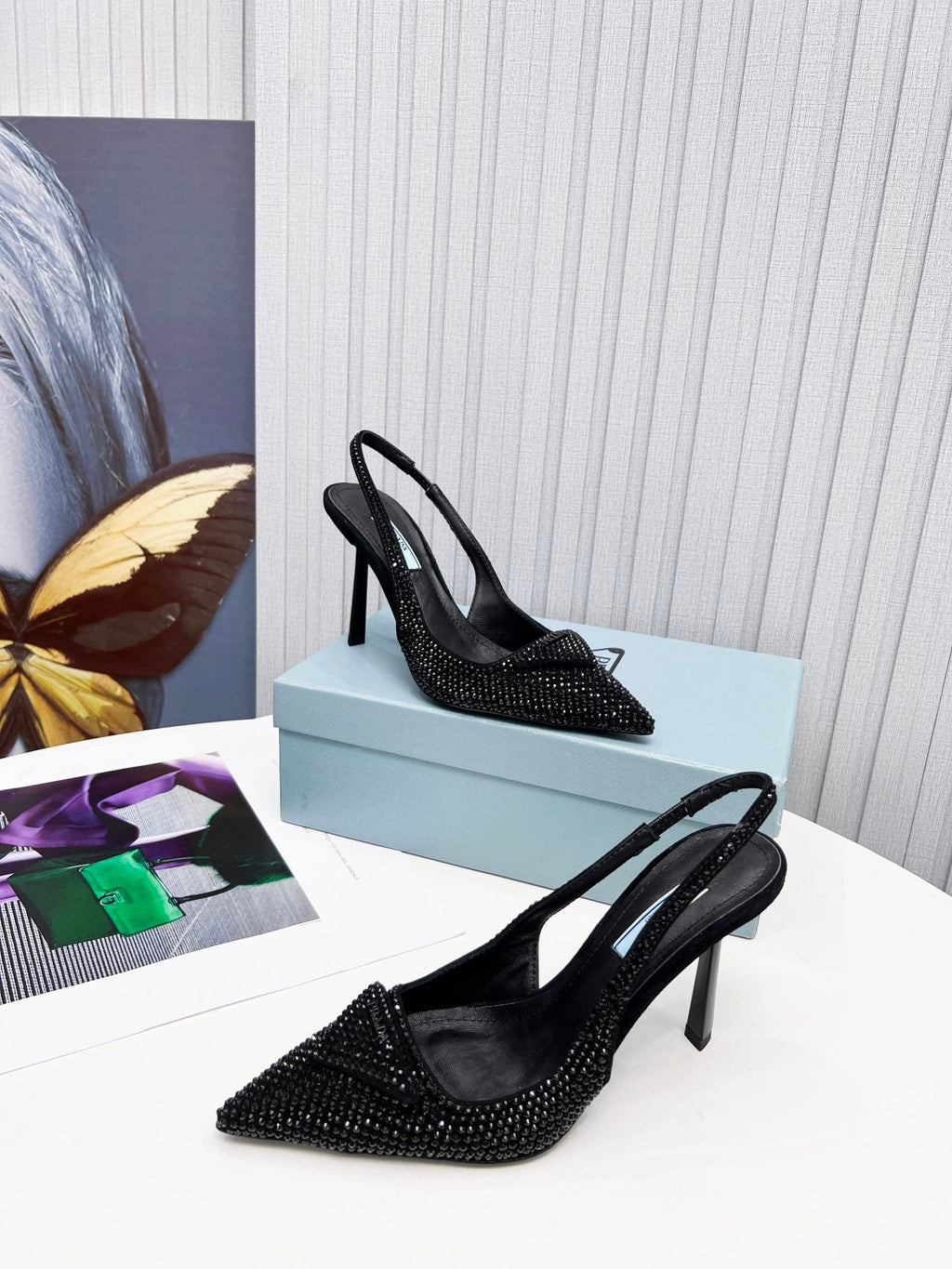 PRADA 26S SLINGBACK PUMPS STILETTO HEEL 95MM IN CRYSTAL EMBELLISHED STYLE 2