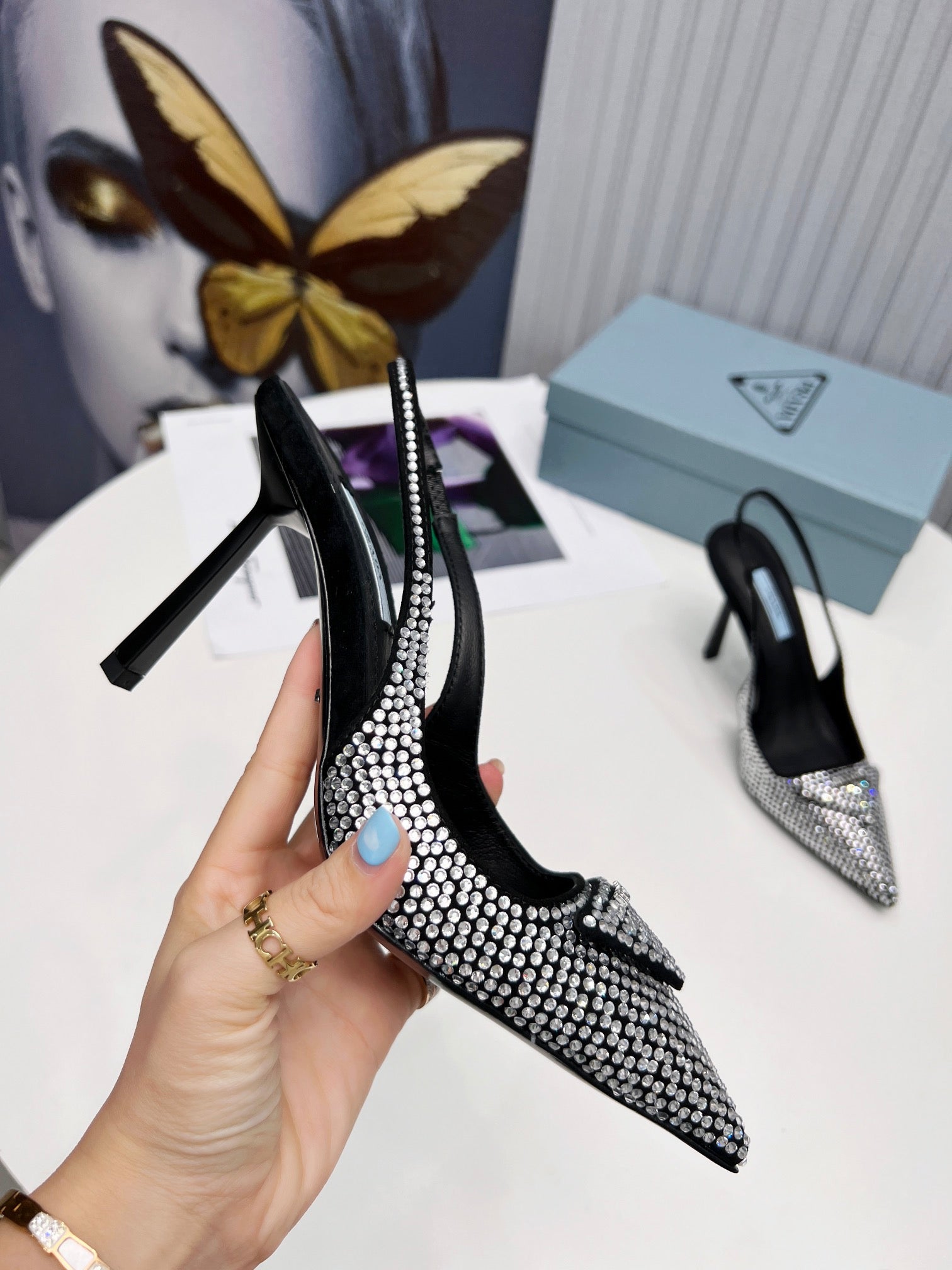 PRADA 26S SLINGBACK PUMPS STILETTO HEEL 95MM IN CRYSTAL EMBELLISHED STYLE 1