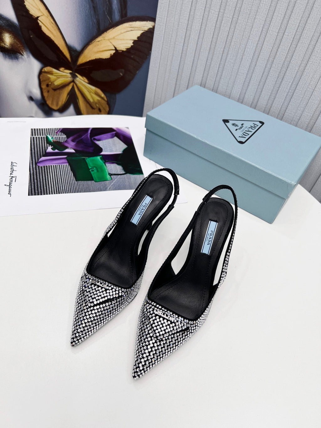 PRADA 26S SLINGBACK PUMPS STILETTO HEEL 95MM IN CRYSTAL EMBELLISHED STYLE 1