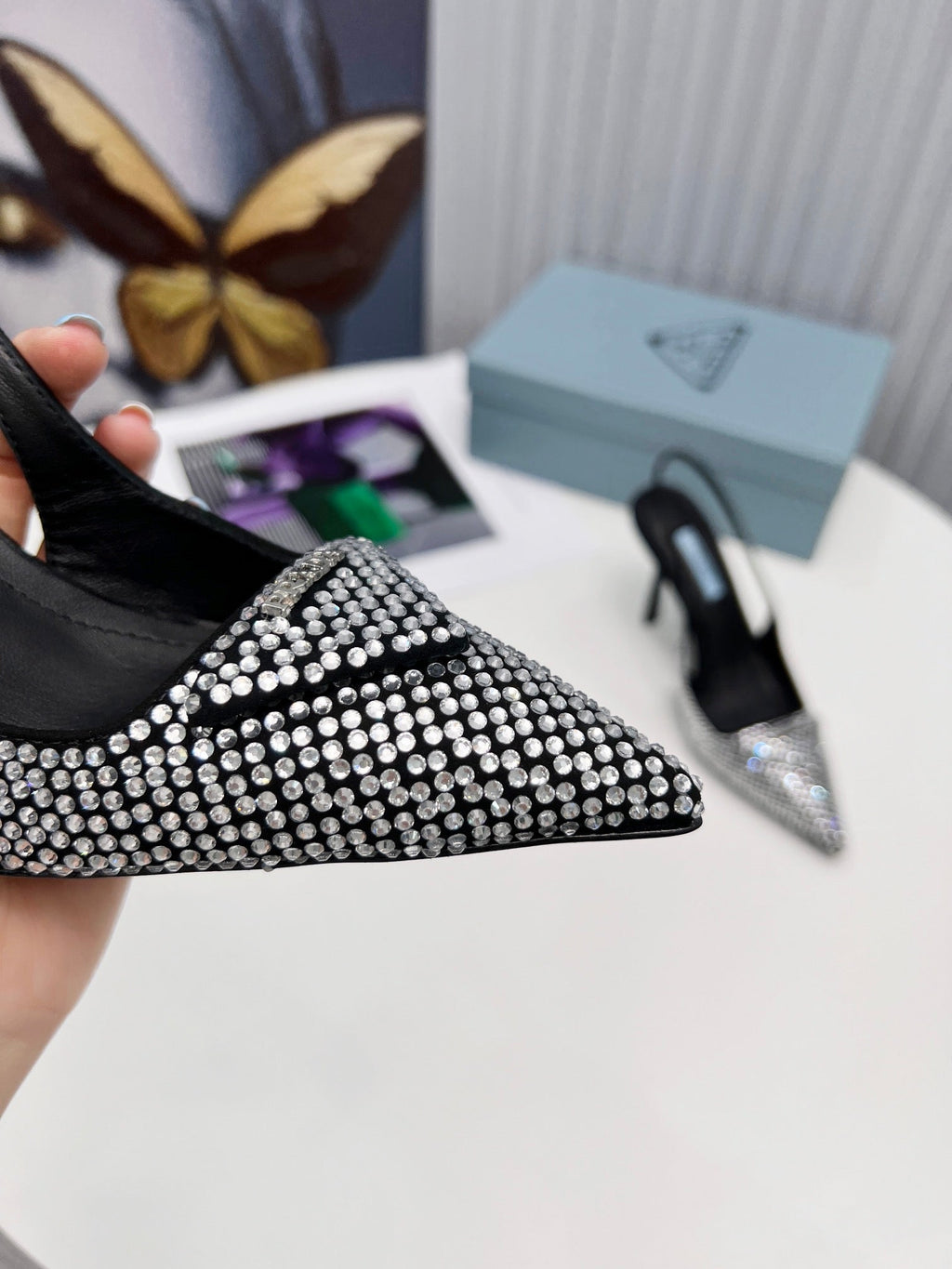 PRADA 26S SLINGBACK PUMPS STILETTO HEEL 95MM IN CRYSTAL EMBELLISHED STYLE 1