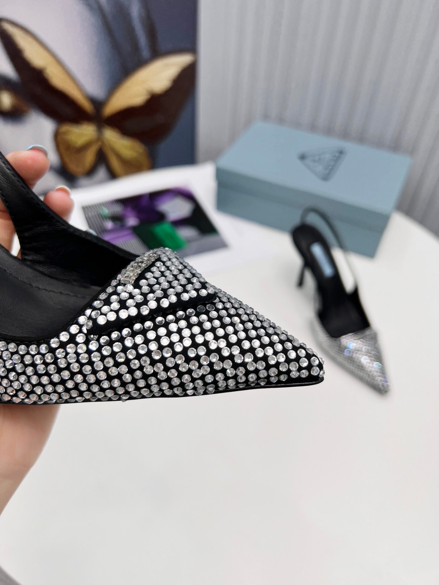 PRADA 26S SLINGBACK PUMPS STILETTO HEEL 95MM IN CRYSTAL EMBELLISHED STYLE 1