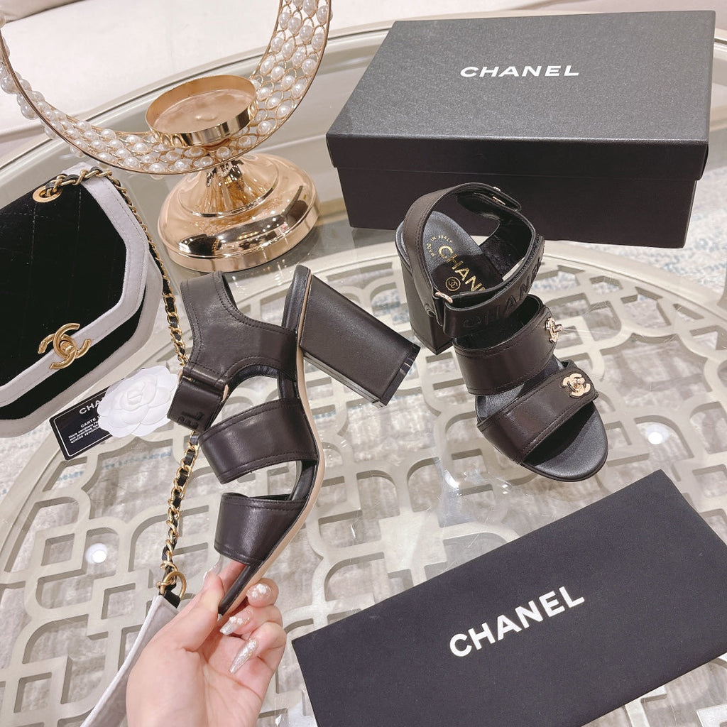 CC 3 STRAPS HIGH HEELS IN BLACK CALFSKIN