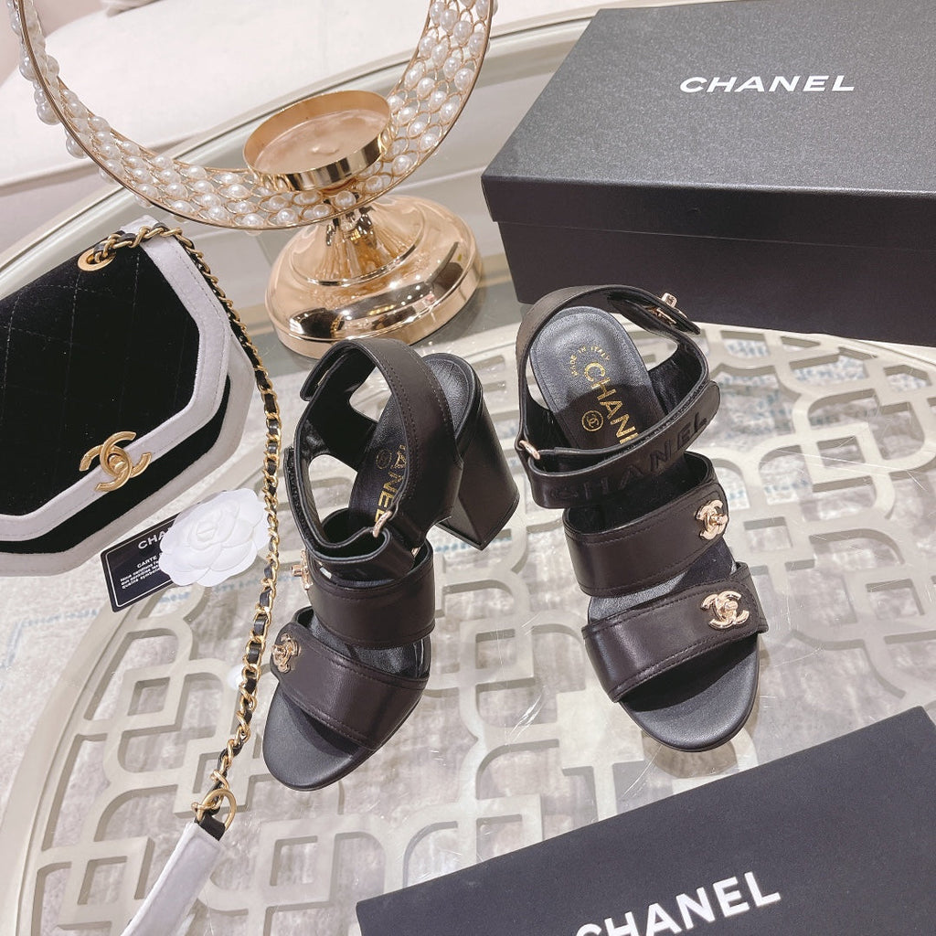 CC 3 STRAPS HIGH HEELS IN BLACK CALFSKIN