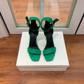 BALMAIN 25S THIN STRAP HIGH HEELS 105MM IN GREEN SUEDE GOLD HARDWARE