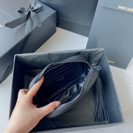 LOU MINI CAMERA BAG 19 IN BLACK CAVIAR PATTERN CALFSKIN BLACK HARDWARE