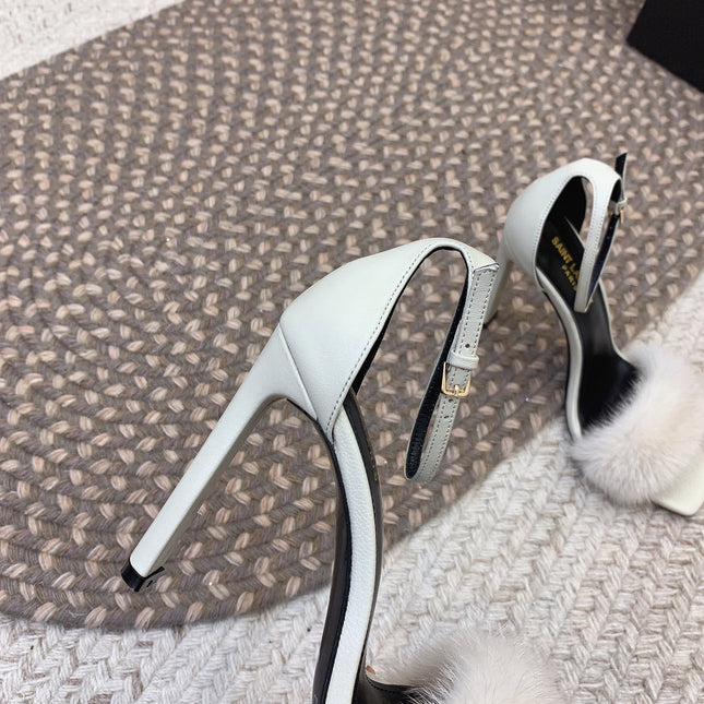 HIGH HEELS SQUARE TOE IN WHITE MINK FUR