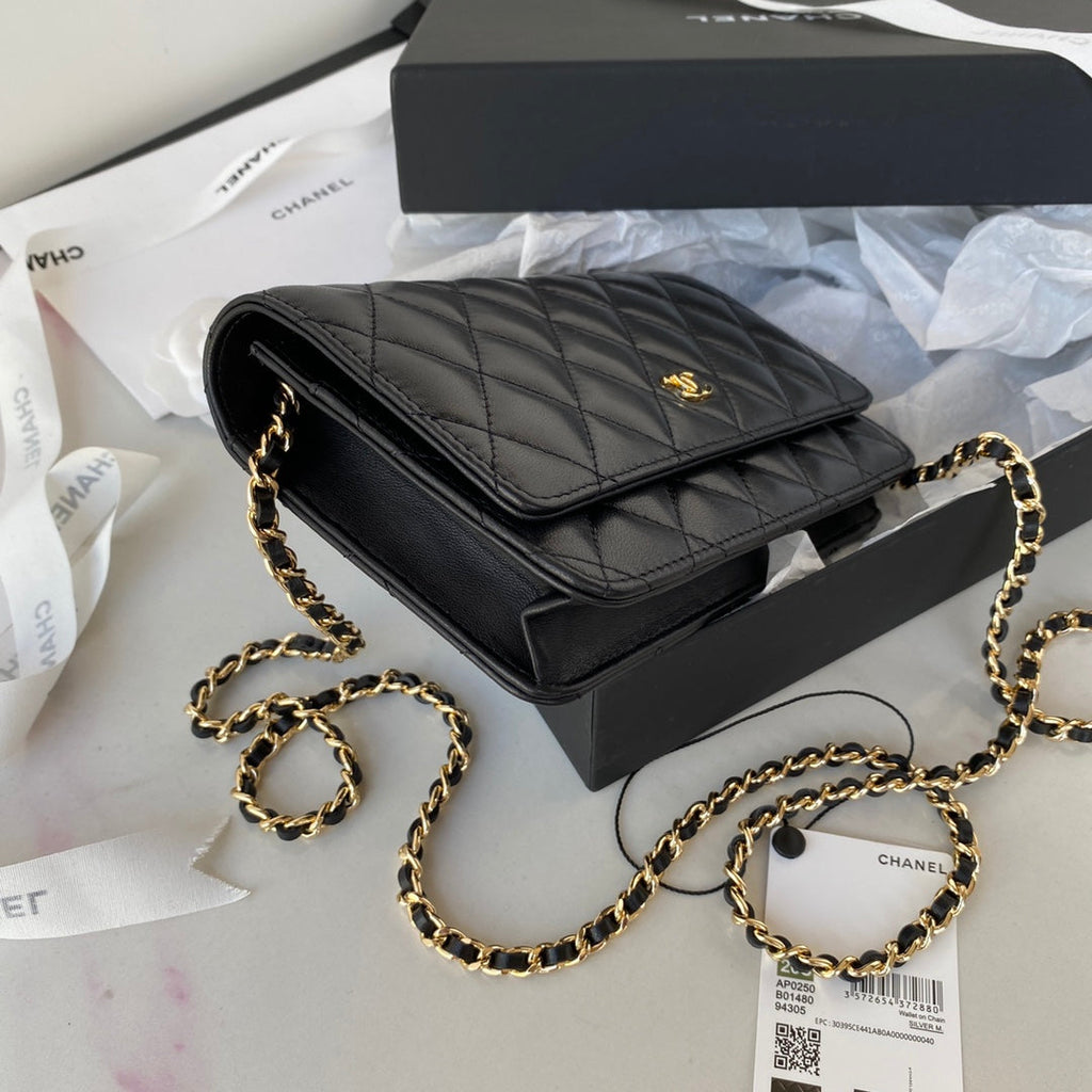 CHANEL 25S WALLET ON CHAIN 19 IN BLACK LAMBSKIN GOLD HARDWARE