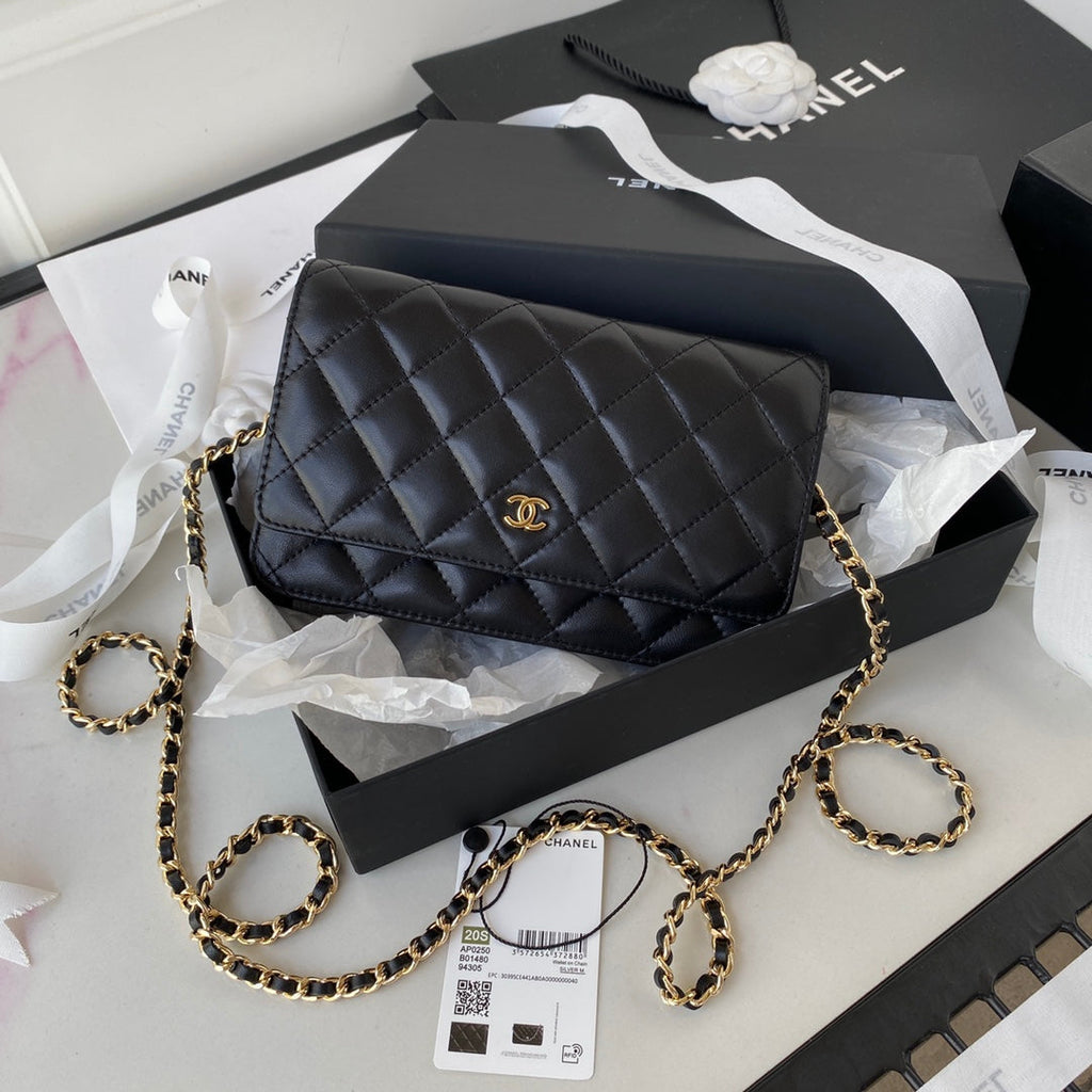 CHANEL 25S WALLET ON CHAIN 19 IN BLACK LAMBSKIN GOLD HARDWARE