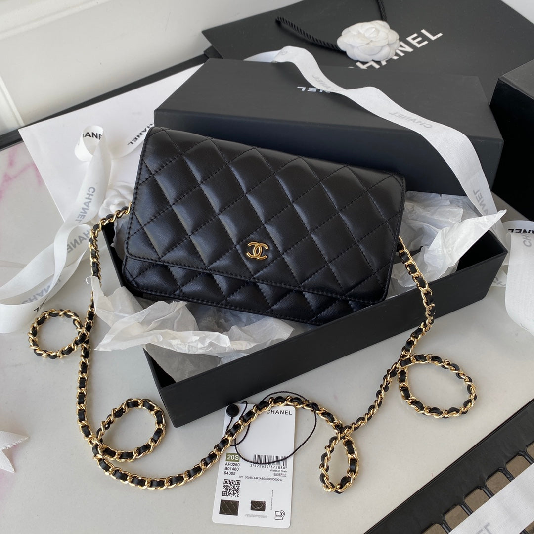 CHANEL 25S WALLET ON CHAIN 19 IN BLACK LAMBSKIN GOLD HARDWARE