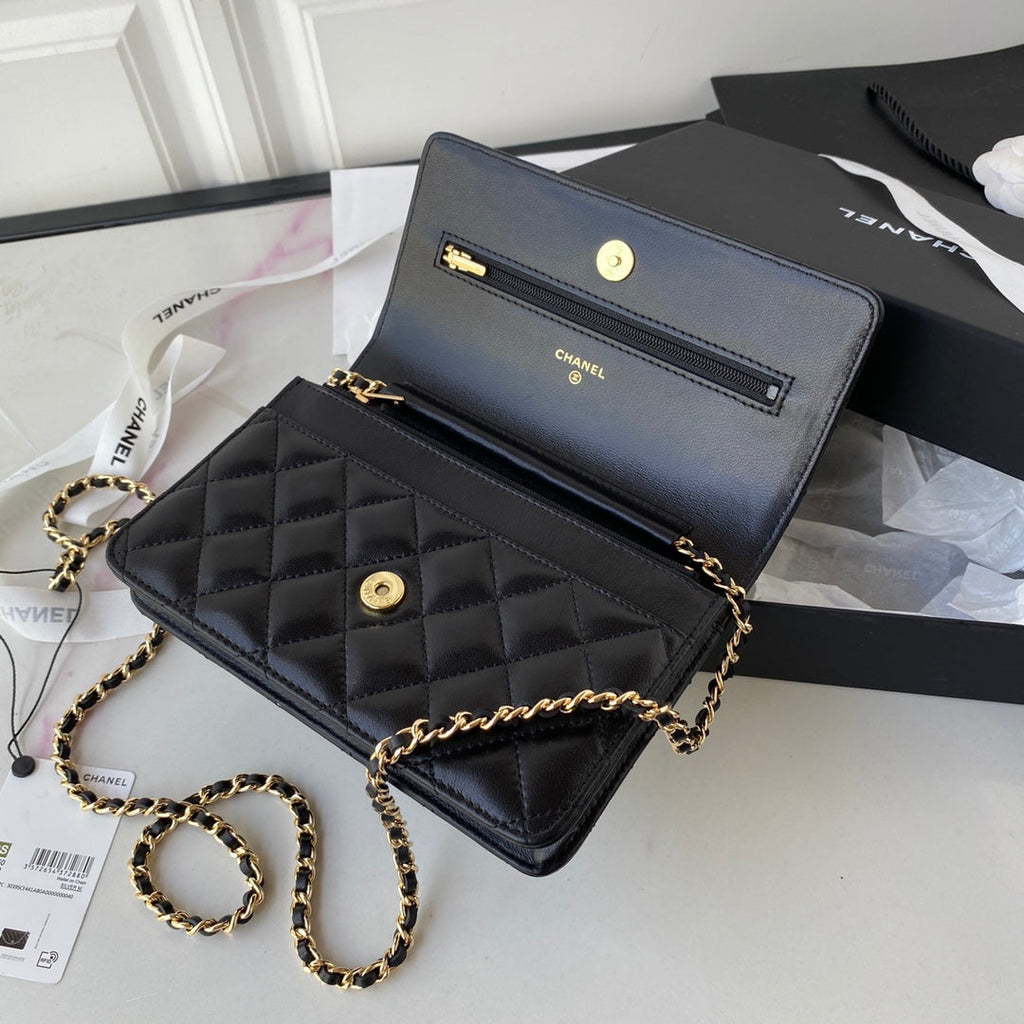 CHANEL 25S WALLET ON CHAIN 19 IN BLACK LAMBSKIN GOLD HARDWARE