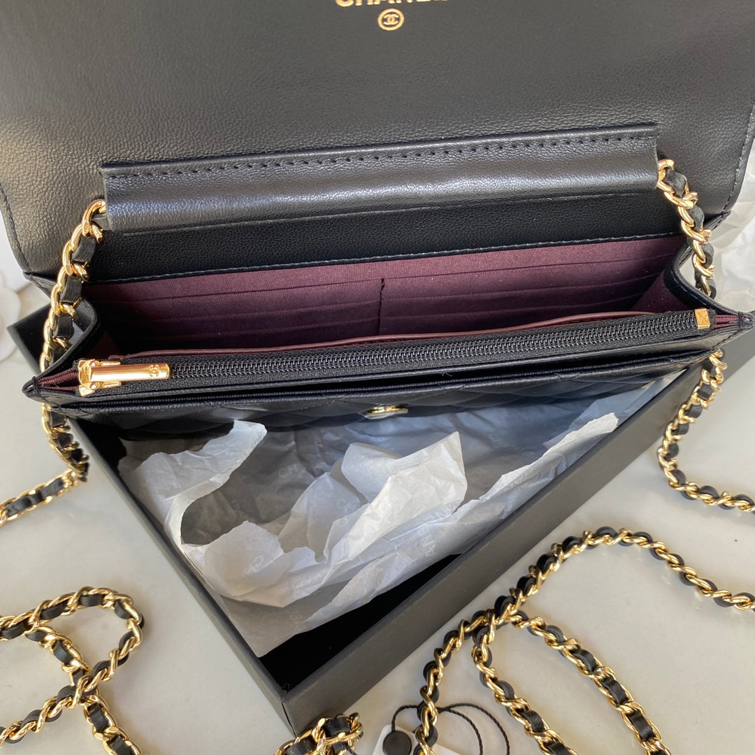 CHANEL 25S WALLET ON CHAIN 19 IN BLACK LAMBSKIN GOLD HARDWARE