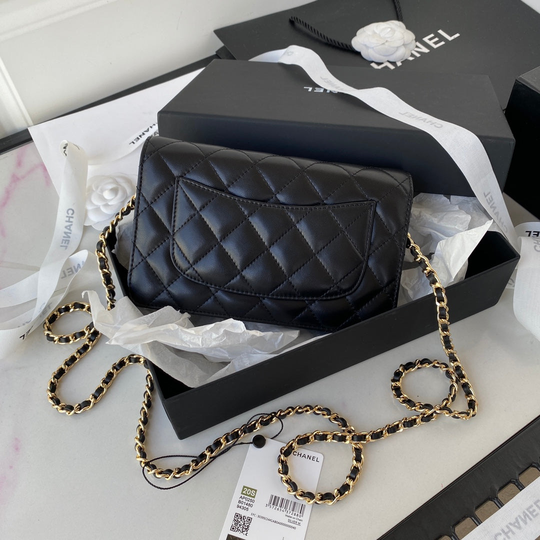 CHANEL 25S WALLET ON CHAIN 19 IN BLACK LAMBSKIN GOLD HARDWARE